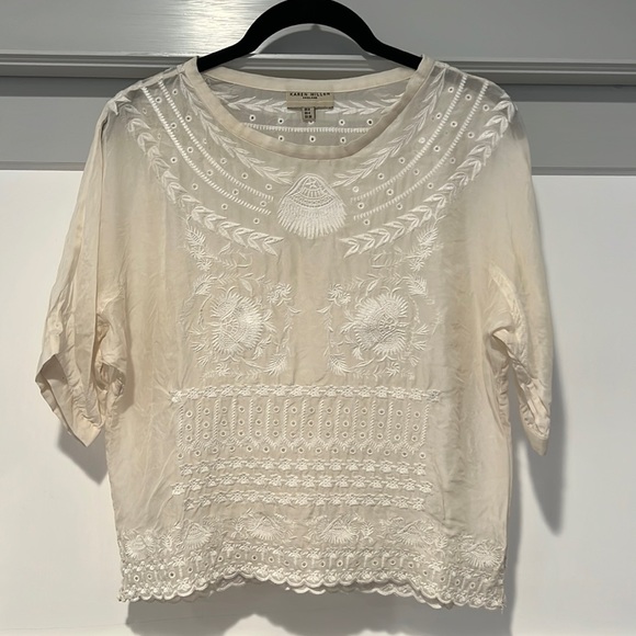 Karen Millen Tops - Karen Millen Sheer Silk Top with White Embroidery and Scalloped Edges